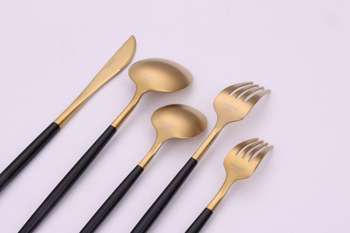 Morn 20 Pc Matte Gold Flatware Set with Black Handles, Service for 4