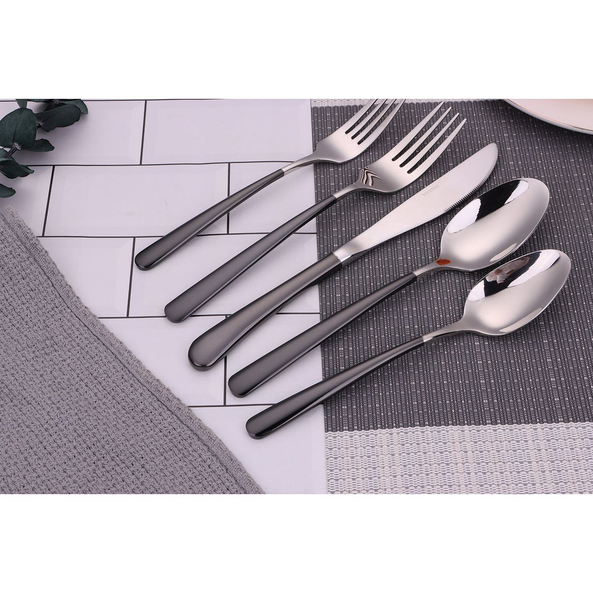 Colorblock 20 Pc Flatware Set with Black Handles, Service for 4