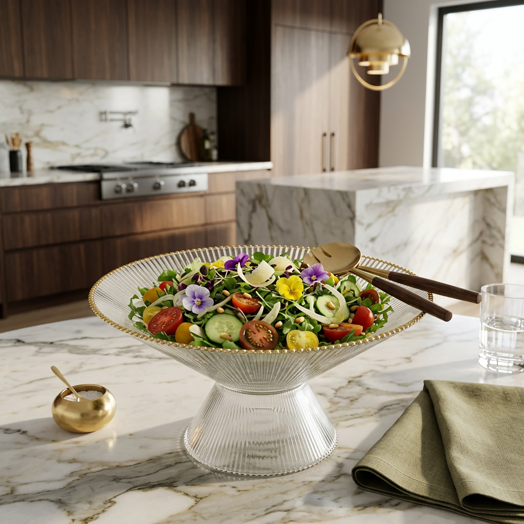 Footed Glass Salad Bowl Ribbed with Gold Rim - 8.25"D