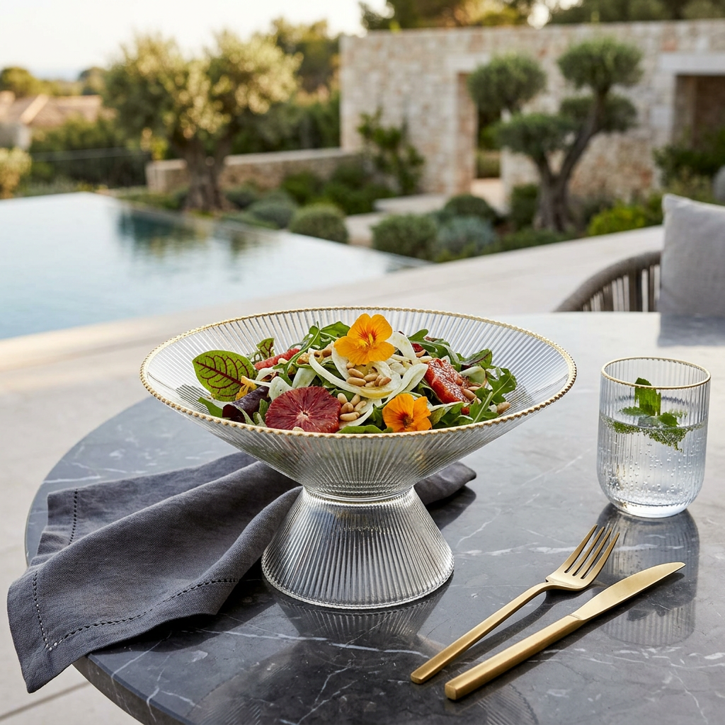 Footed Glass Salad Bowl Ribbed with Gold Rim - 8.25"D
