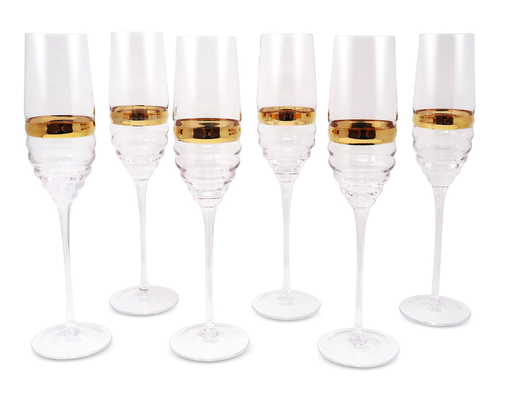 Set of 6 Glasses with Linear Design and Gold Stripe