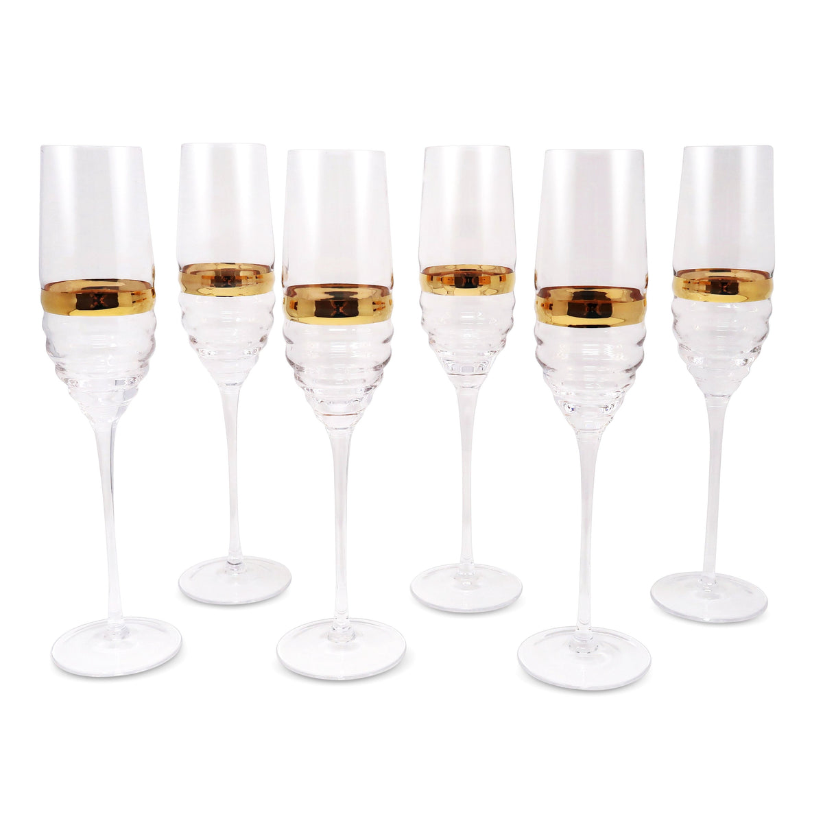 Set of 6 Glasses with Linear Design and Gold Stripe