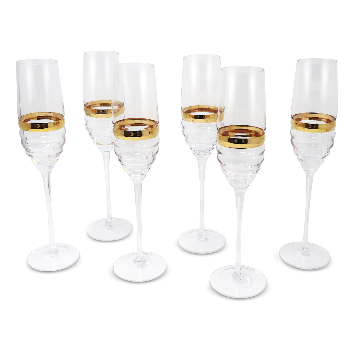Set of 6 Glasses with Linear Design and Gold Stripe