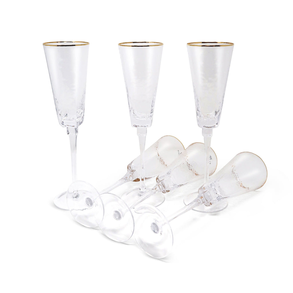 Set of 6 Square Shaped Hammered Glasses with Gold Rim