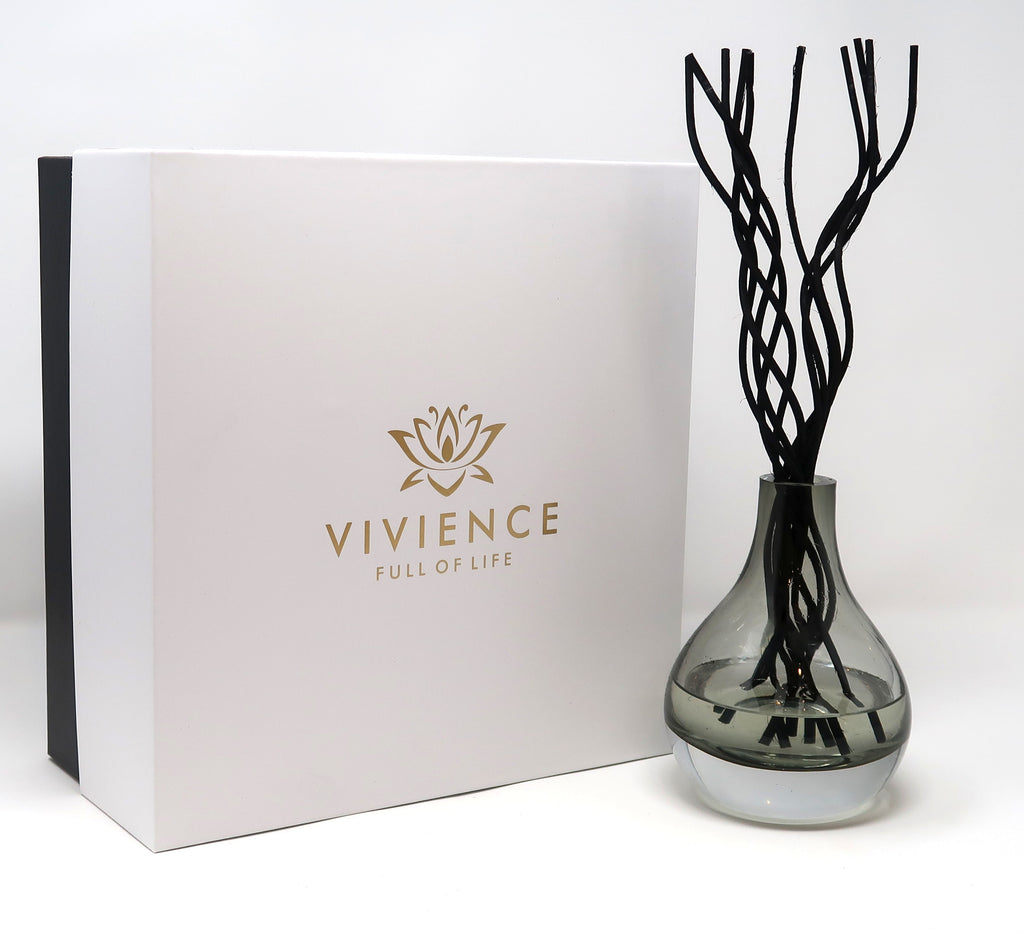 Grey Tinted Diffuser with Black Curved Reeds, "Zen Tea" Scent