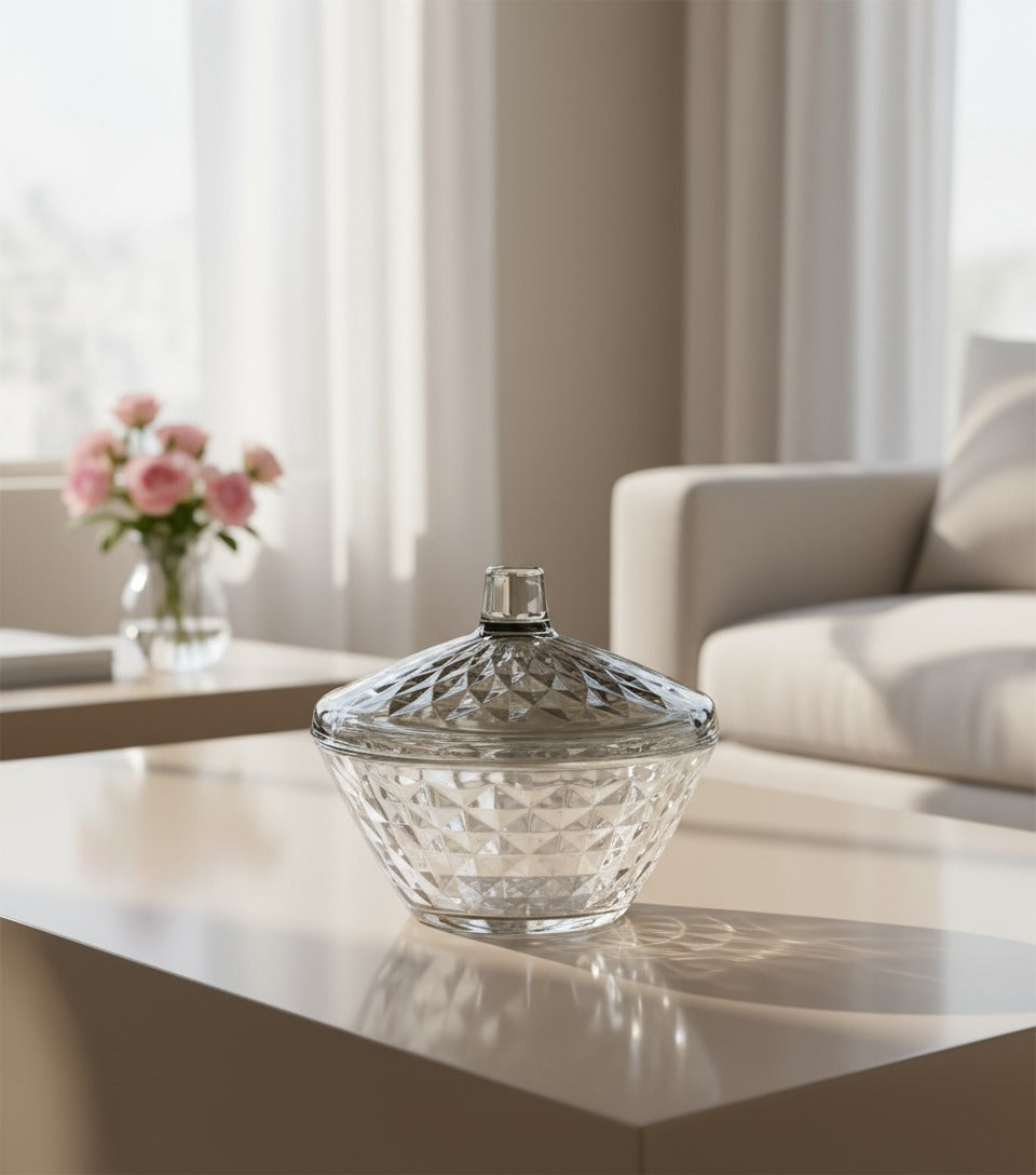 Glass Jar with Diamond Cut Colored Cover