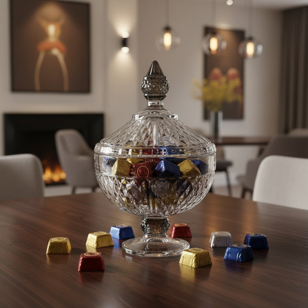 Footed Glass Jar with Diamond Cut and Colored Leg and Knob (2 Sizes)
