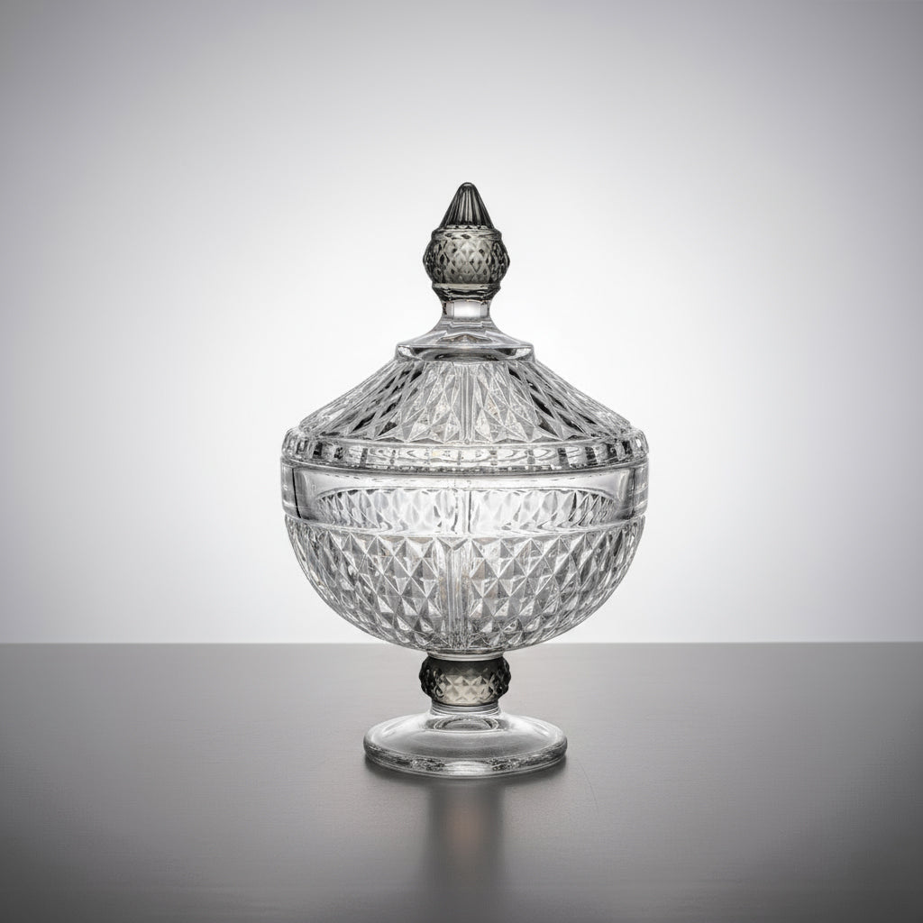 Footed Glass Jar with Diamond Cut and Colored Leg and Knob (2 Sizes)