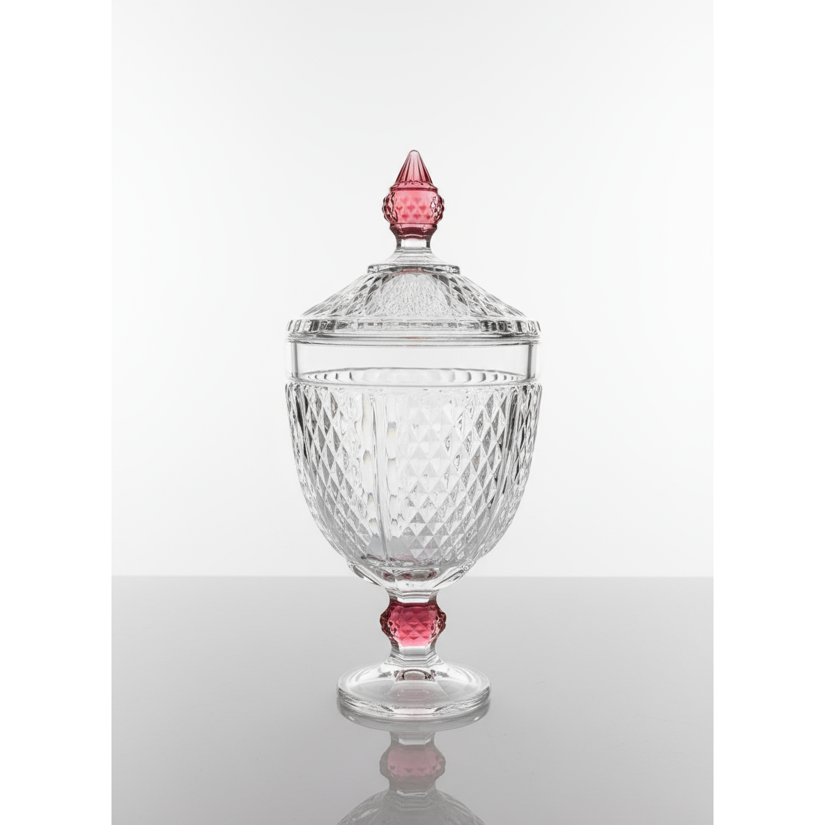 Footed Glass Jar with Diamond Cut and Colored Leg and Knob (2 Sizes)