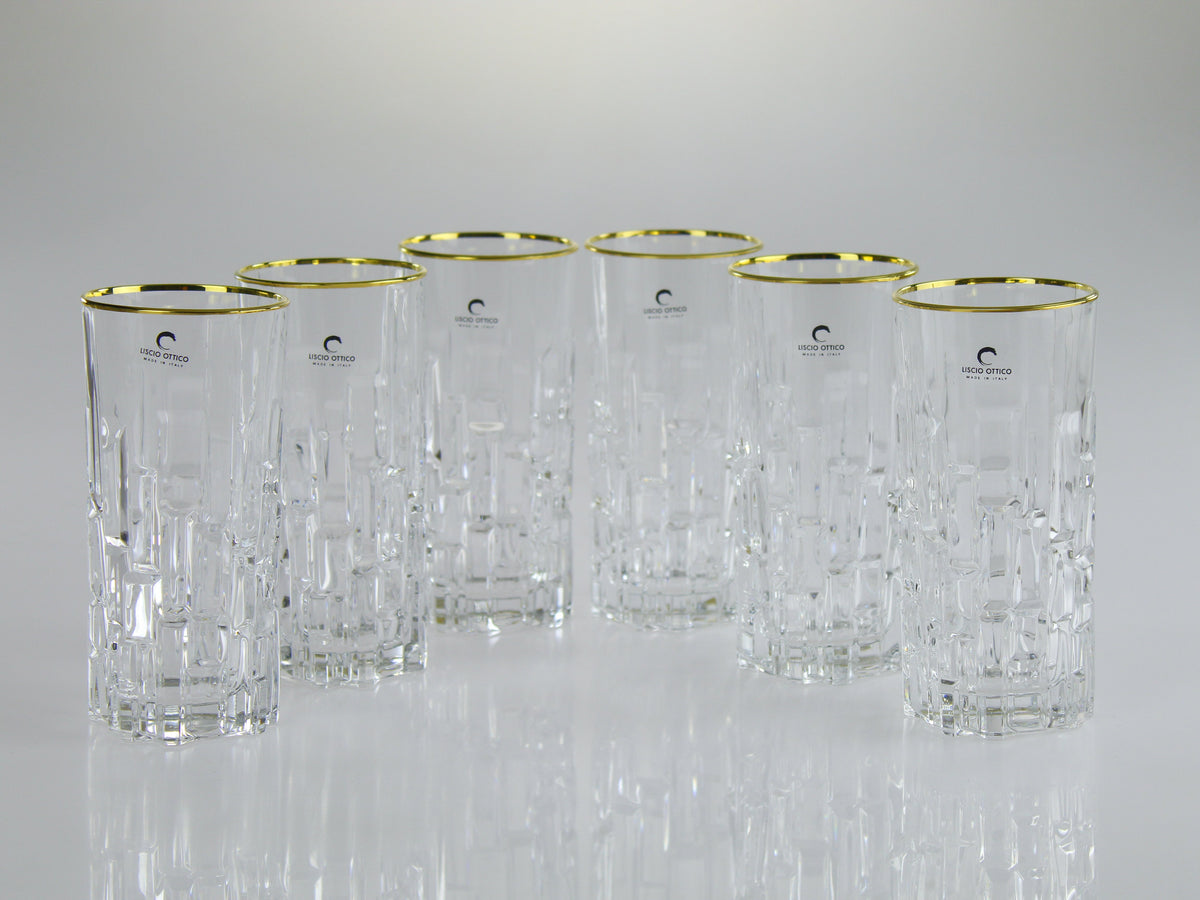 Liscio Ottico - Set of 6 Highball Glasses with Block Design and Gold Rim