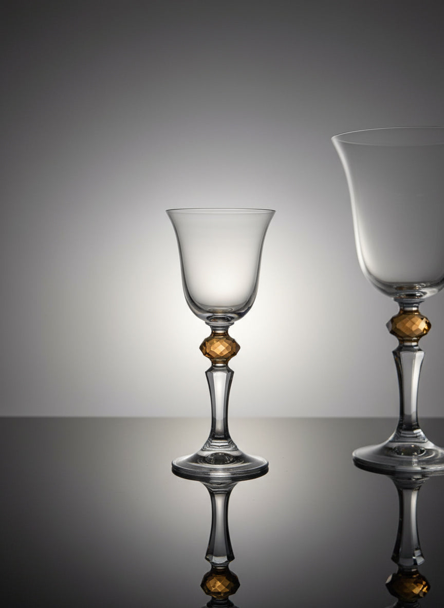 Set of 6 Liquor Glasses, with  Amber Diamond on Stem
