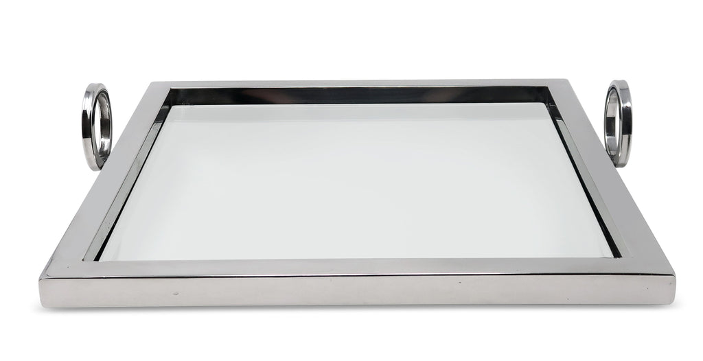 Large Square Silver Mirror Tray with Loop Handles