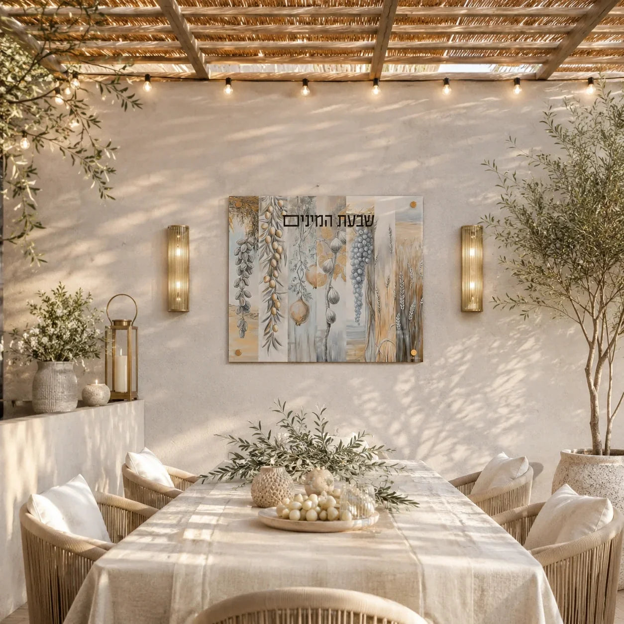 Silver Shivas Haminim (שבעת המינים) vinyl sukkah decoration between brass sconces above a set Sukkot table with greenery