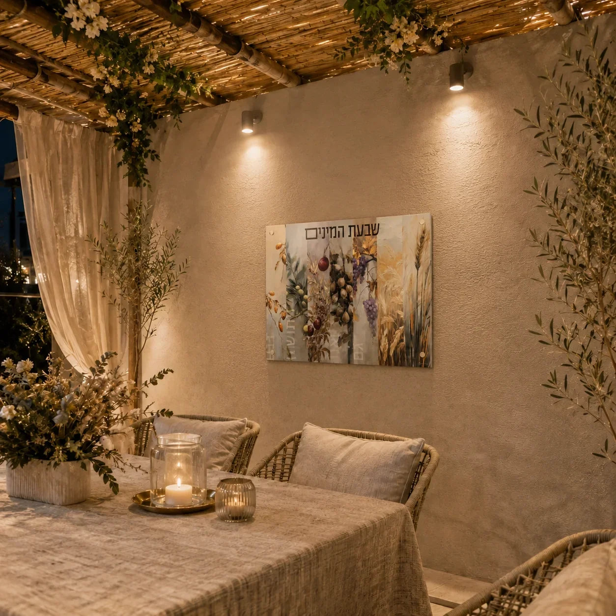 Shivas Haminim vinyl sukkah decoration by Batya displayed on a sukkah wall above a candlelit dining table with woven chairs and olive branches