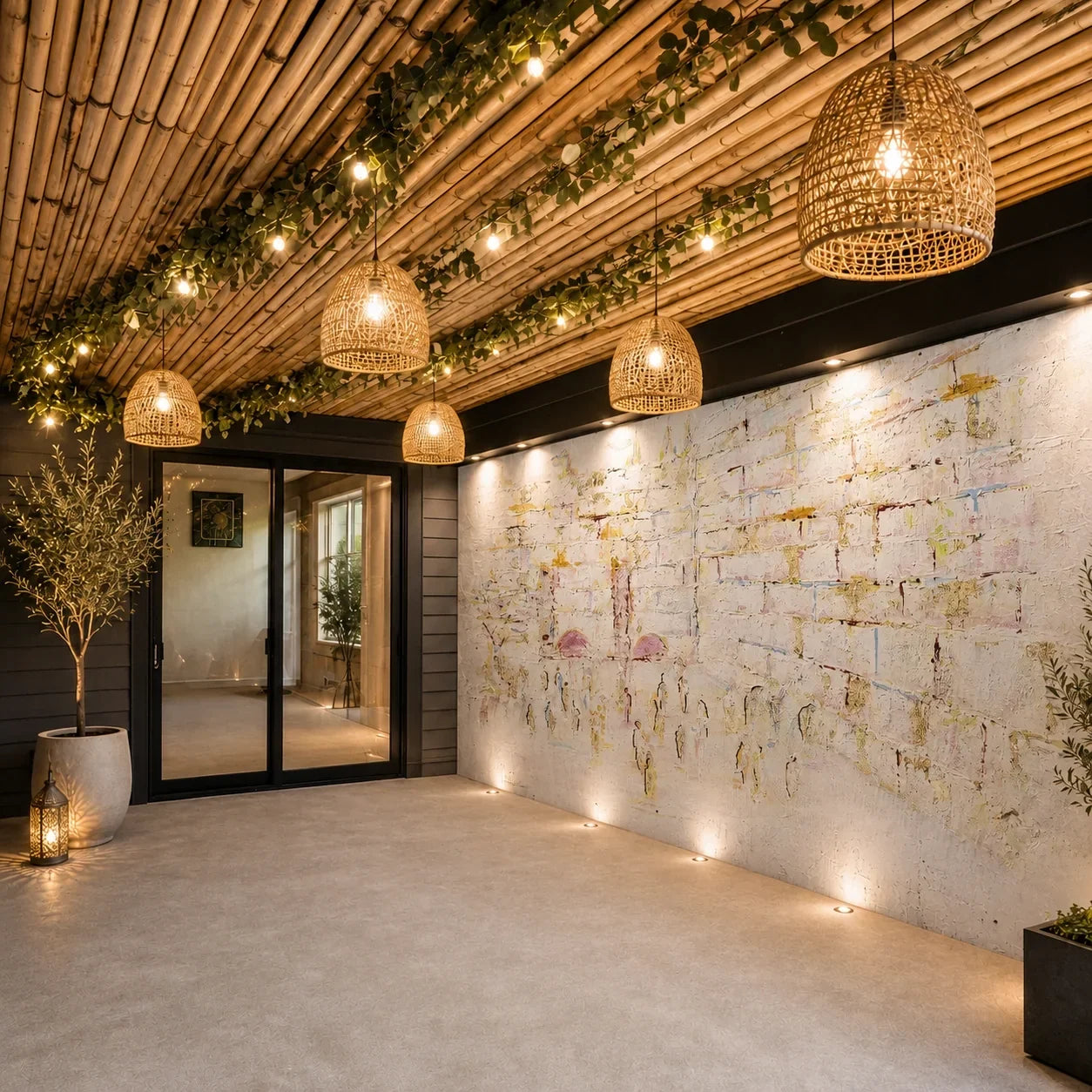 Pastel Kosel by Yosefa vinyl mural  waterproof sukkah decoration covering a full sukkah wall under woven pendant lights and greenery
