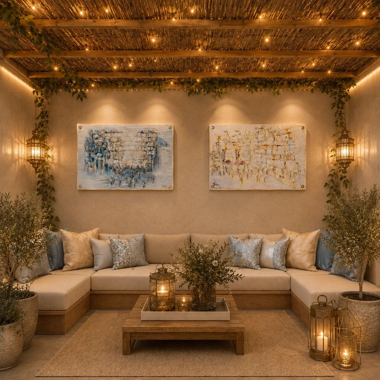 Painted Kosel by Yosefa vinyl sukkah decorations in blue and gold hung side by side above a sectional sofa in a candlelit sukkah