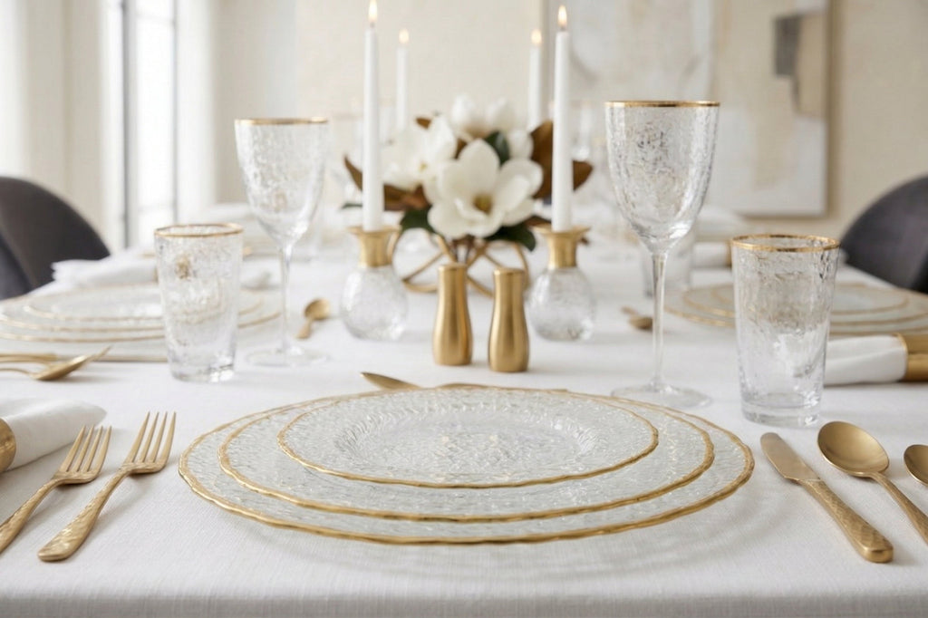 Set of 4 Textured Glass Plates with Gold Rim