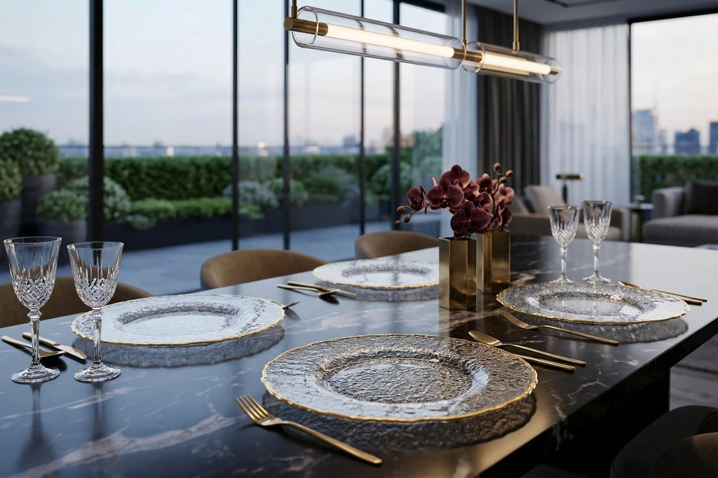 Set of 4 Textured Glass Plates with Gold Rim