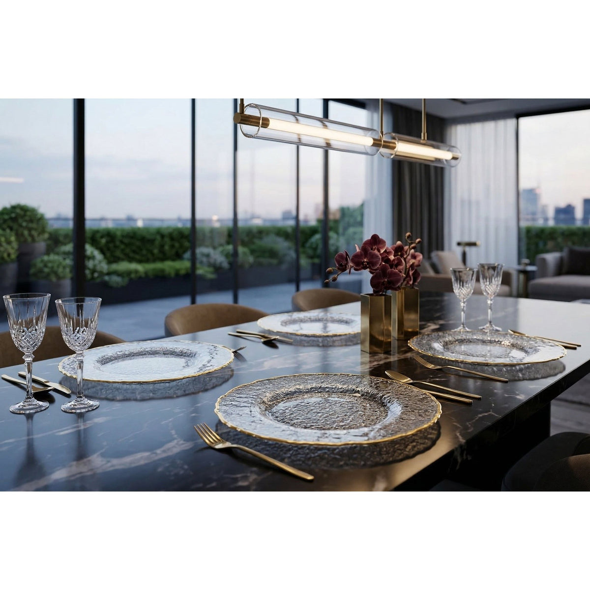 Set of 4 Textured Glass Plates with Gold Rim