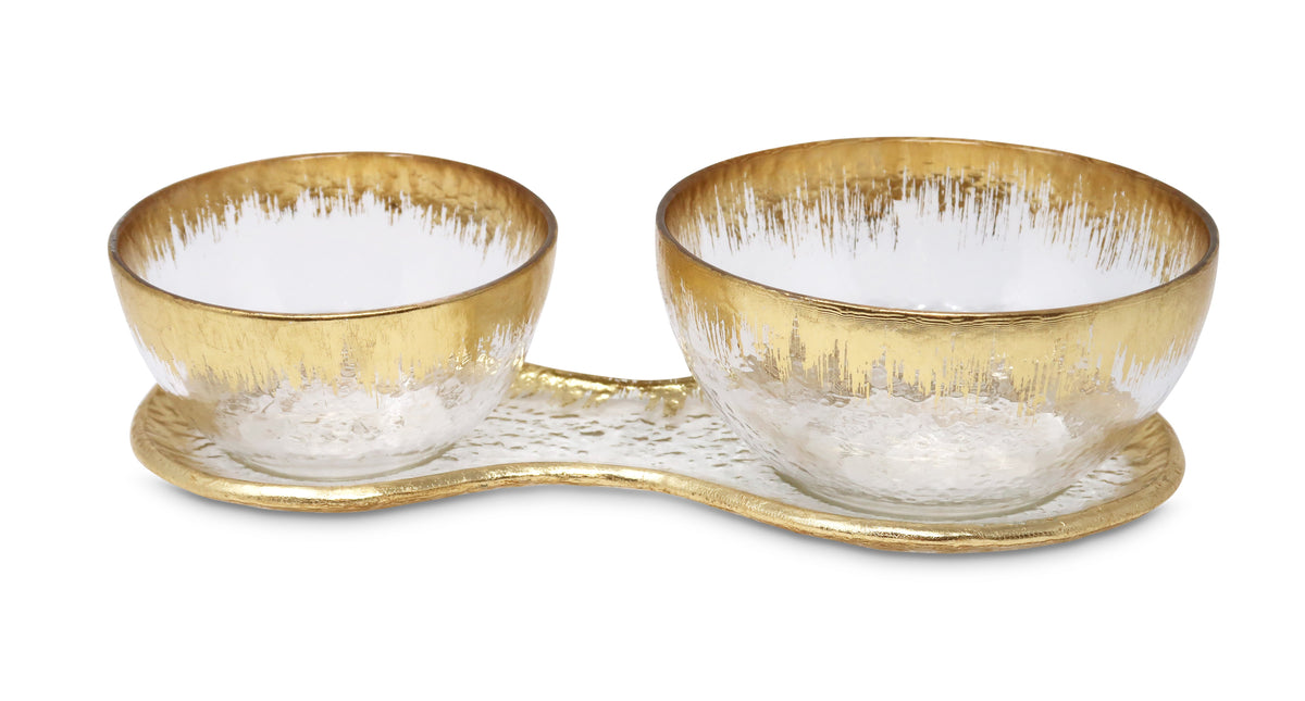 2 Bowl Relish Dish on Tray with Gold Design