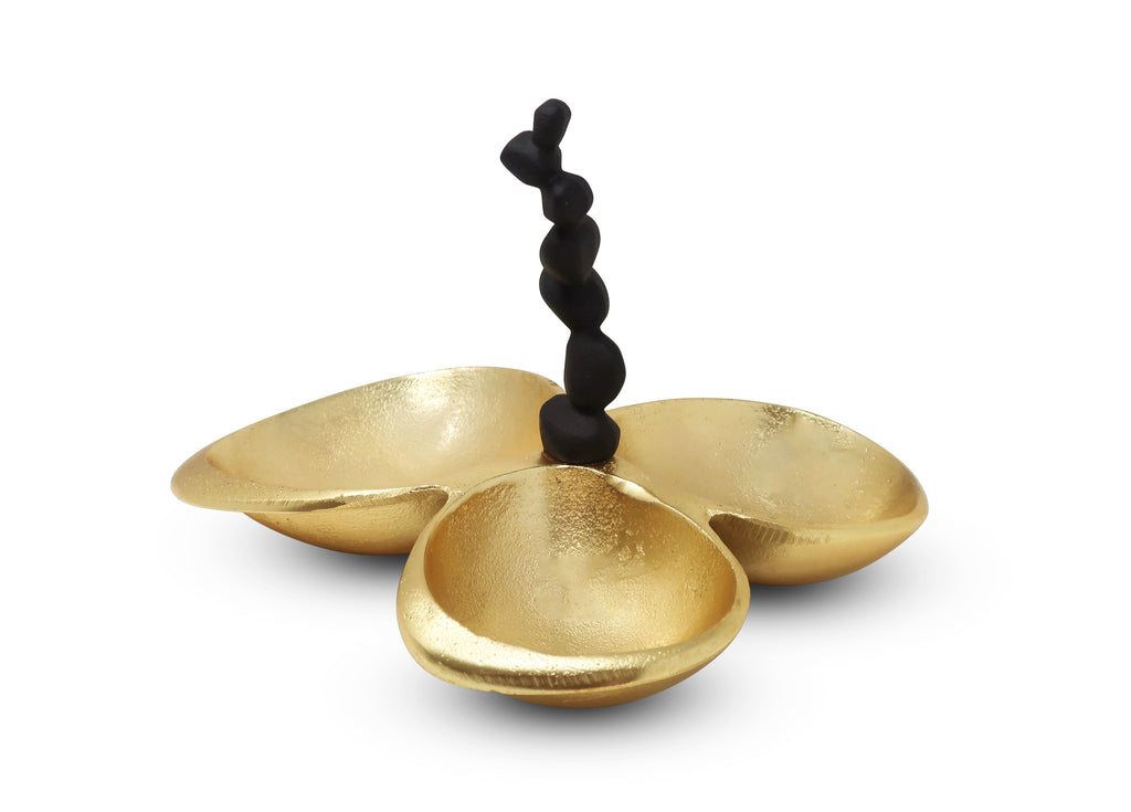 Gold 3 Bowl Relish Dish with Black Handle and Pebble Design
