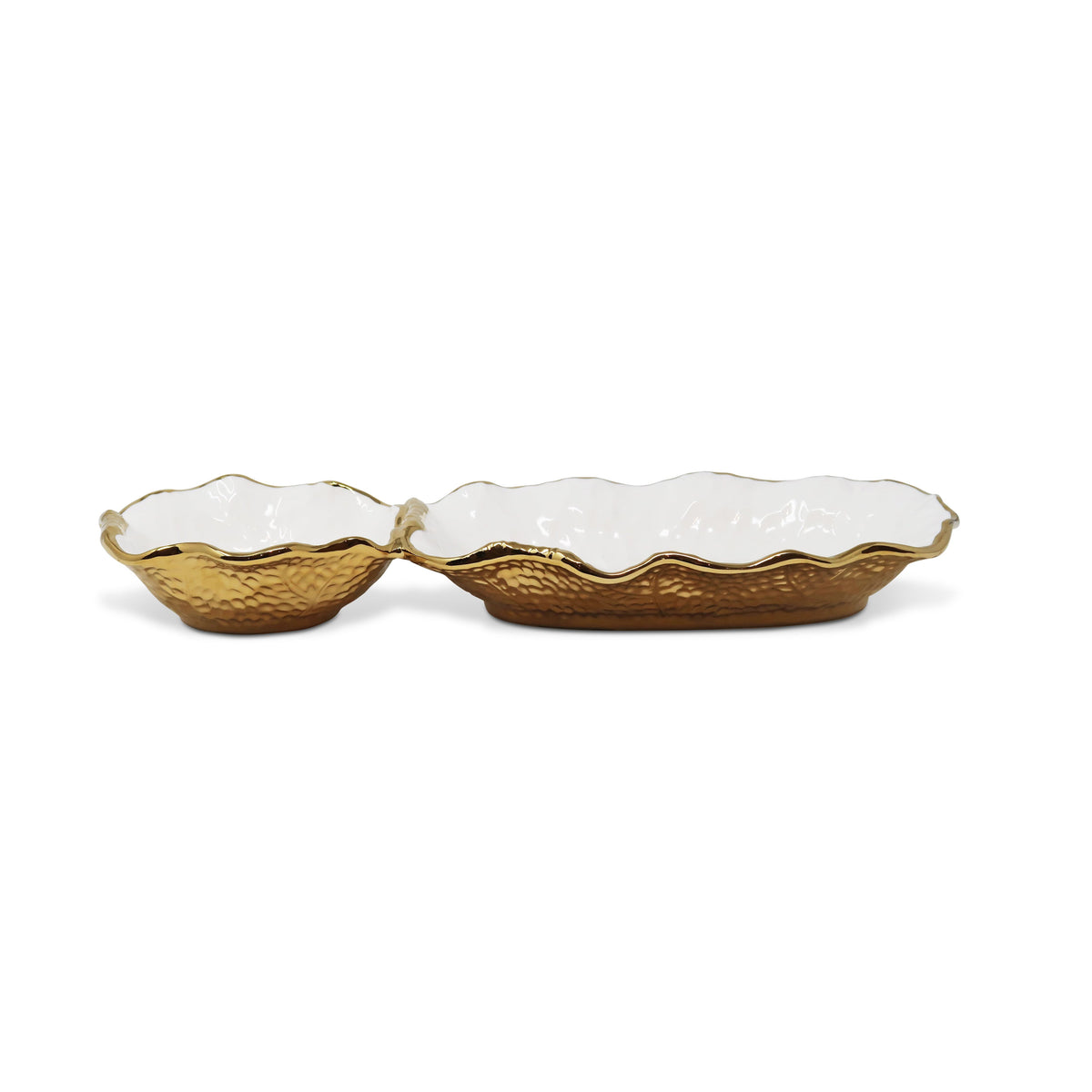 White Hammered 2 Bowl Relish Dish New Bone China with Gold Scalloped Edge