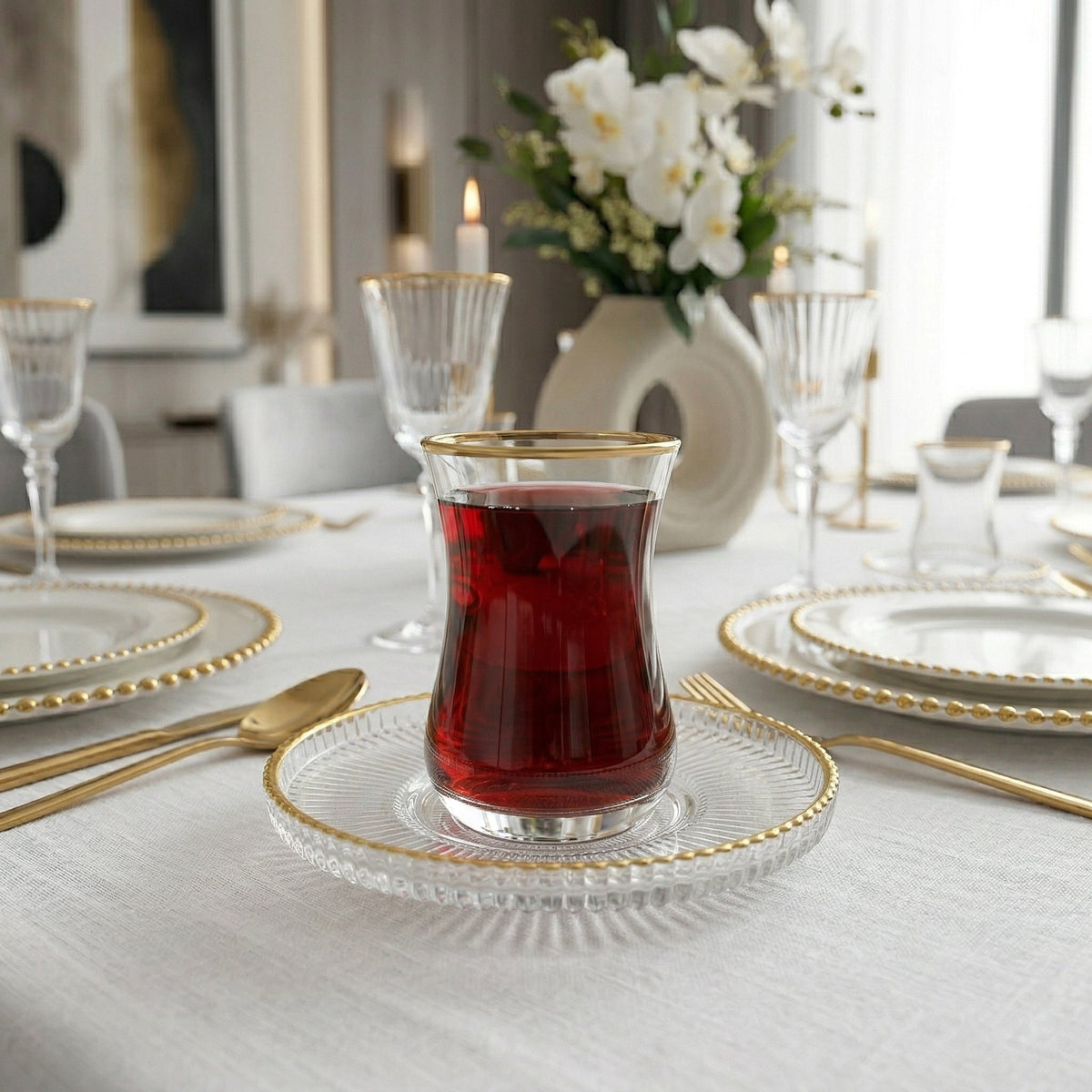 Set of 4 Ribbed Plates with Gold Rim