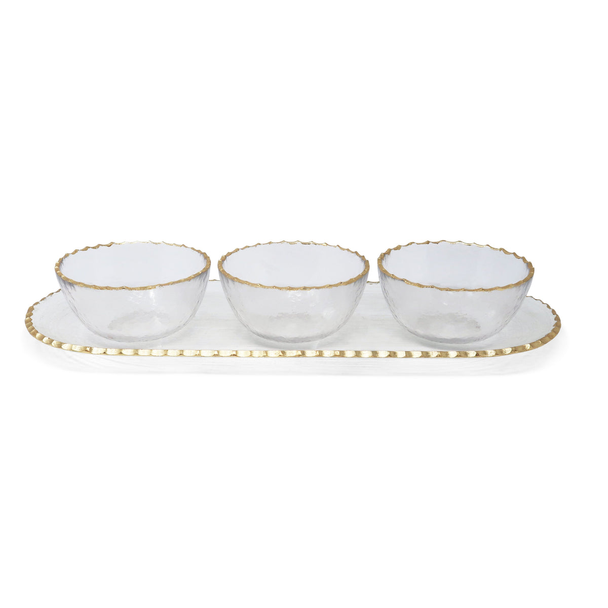 3 Bowl Serving Dish on Tray with Gold Rim