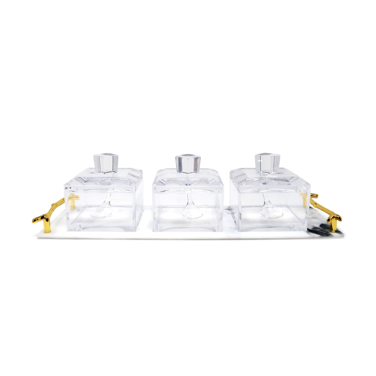 3 Bowl Acrylic Serving Dish on Tray with Covers and Spoons