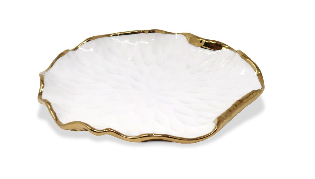 Set of 4 White Salad Plates New Bone China with Gold Scalloped Edge