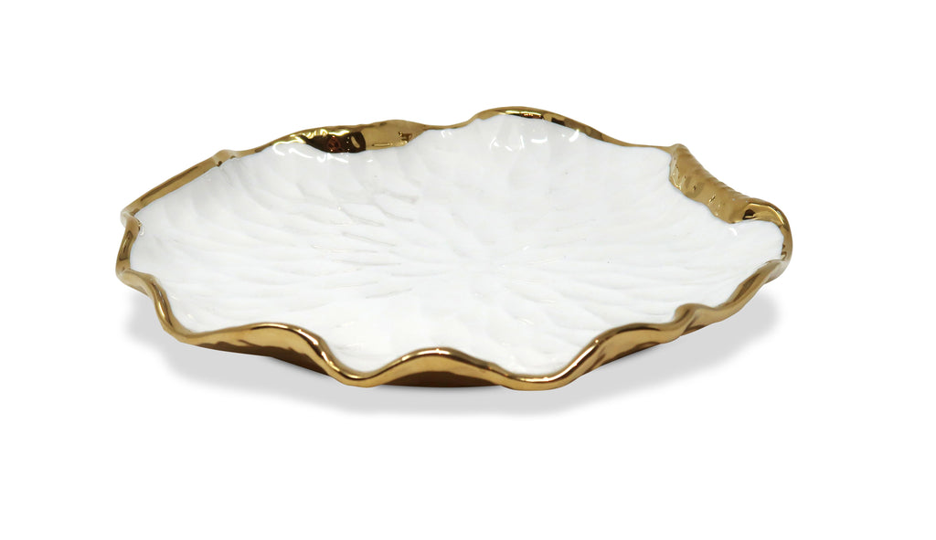 Set of 4 White Salad Plates New Bone China with Gold Scalloped Edge