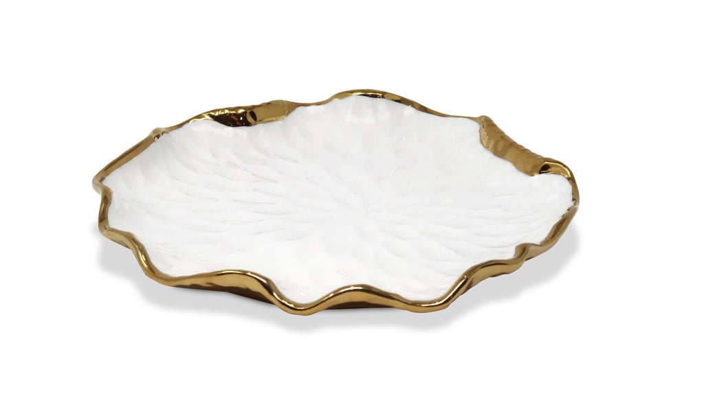 Set of 4 White Salad Plates New Bone China with Gold Scalloped Edge