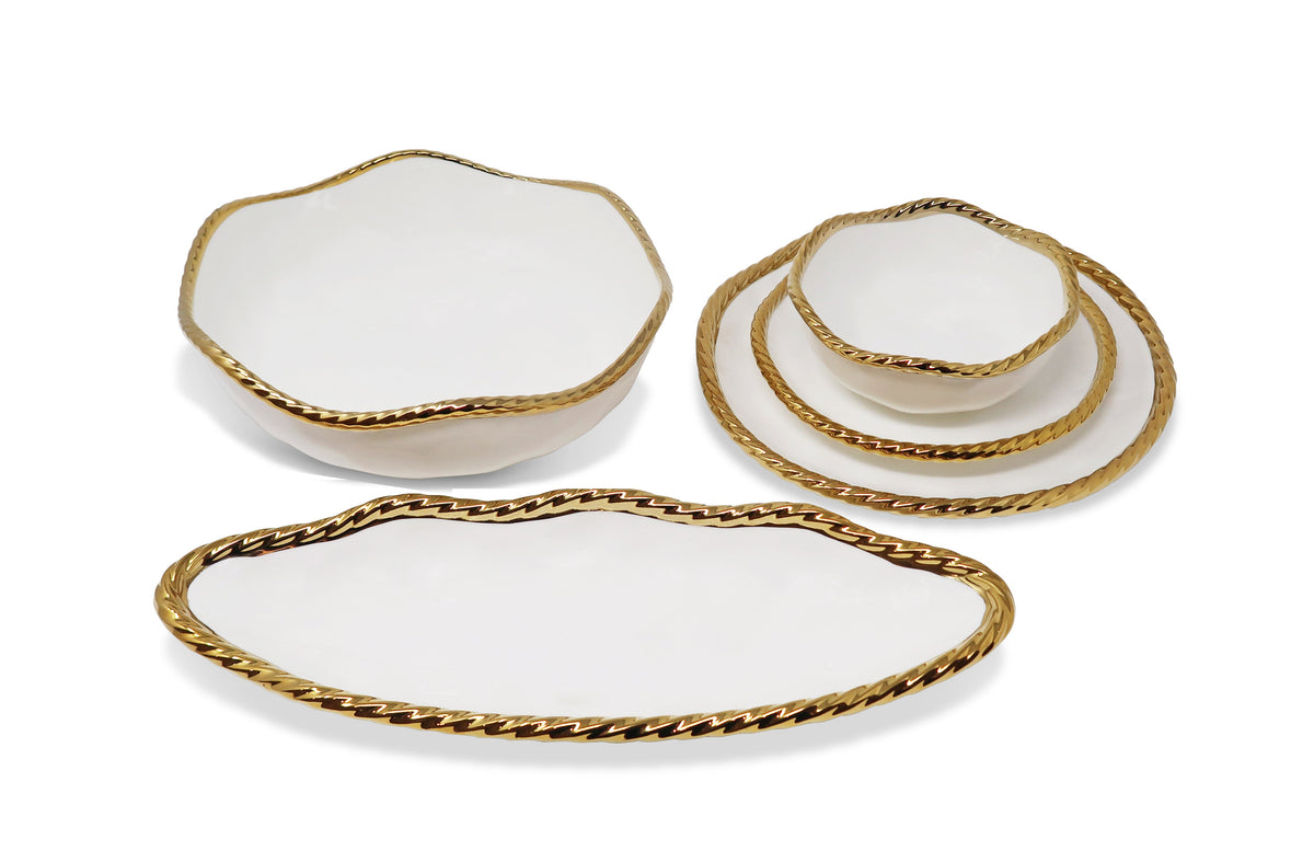 Set of 4 White Plates New Bone China with Gold Rope Edge