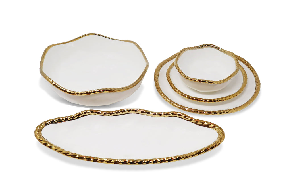 White Oval Bowl New Bone China with Gold Rope Scalloped Edge