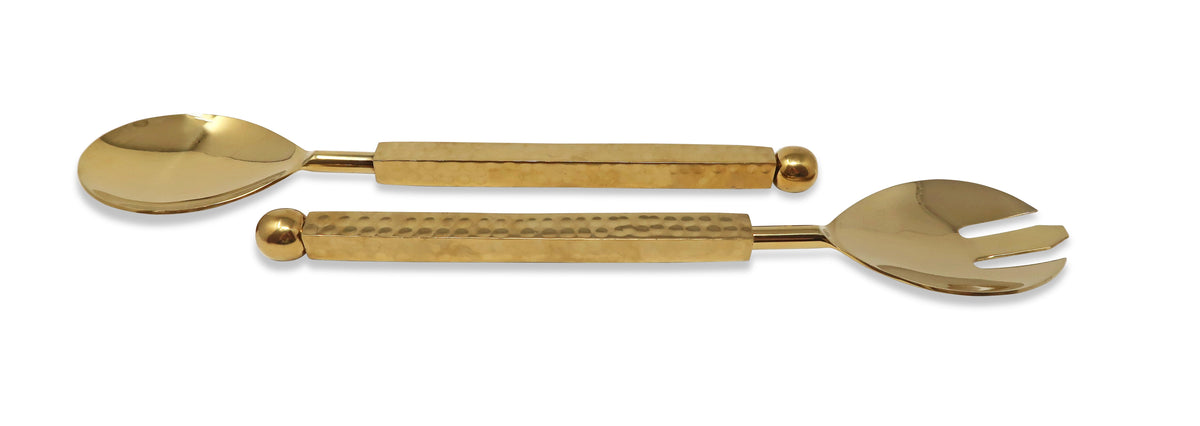 Stainless Steel Salad Servers with Gold Hammered Handles