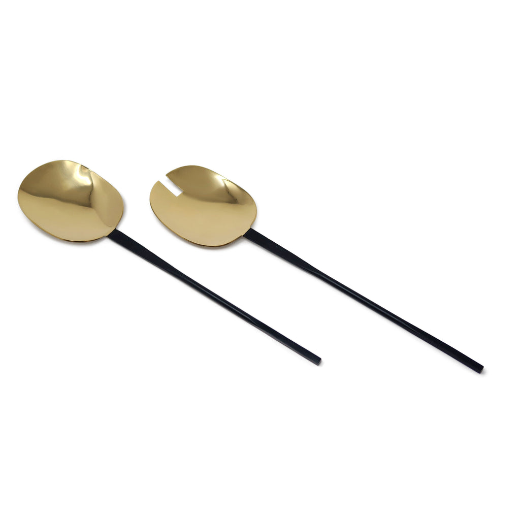 Set of 2 Salad Servers Gold with Black Handles