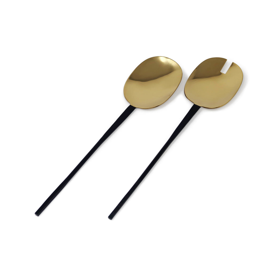 Set of 2 Salad Servers Gold with Black Handles