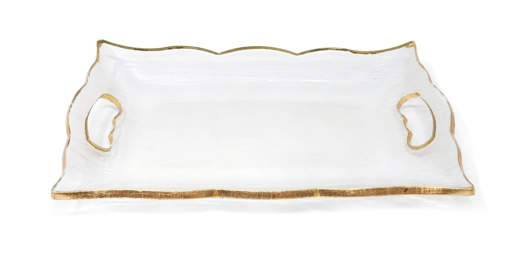 Rectangular Glass Tray with Handles and Gold Scalloped Rim
