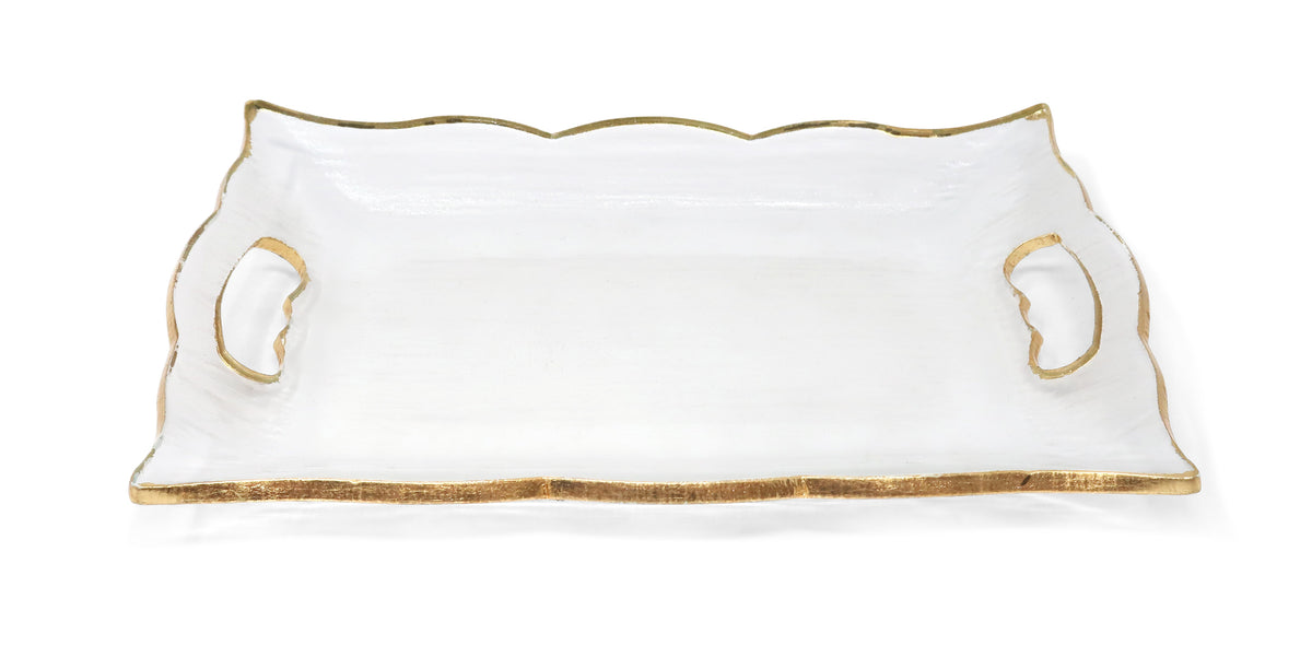 Rectangular Glass Tray with Handles and Gold Scalloped Rim
