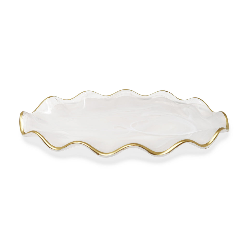 White Alabaster Oval Tray with Gold Ruffled Border (2 sizes)