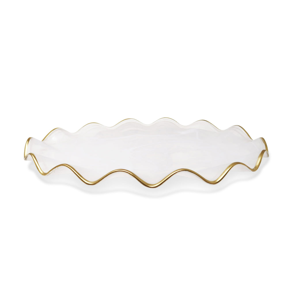 White Alabaster Oval Tray with Gold Ruffled Border (2 sizes)