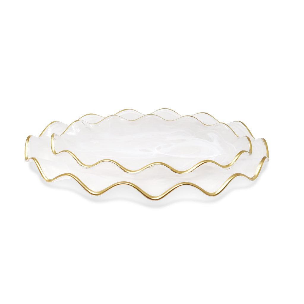 White Alabaster Oval Tray with Gold Ruffled Border (2 sizes)