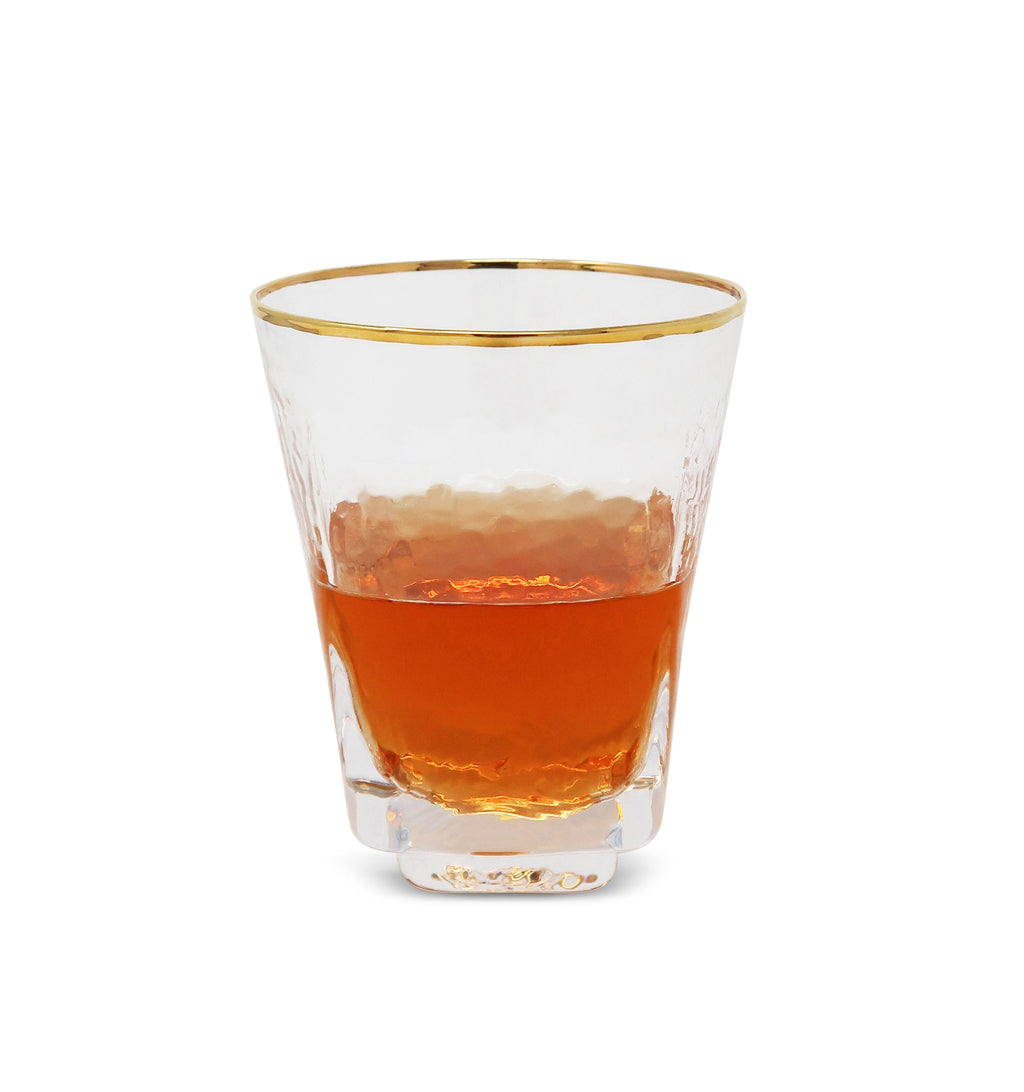 Set of 6 Square Shaped Hammered Glasses with Gold Rim