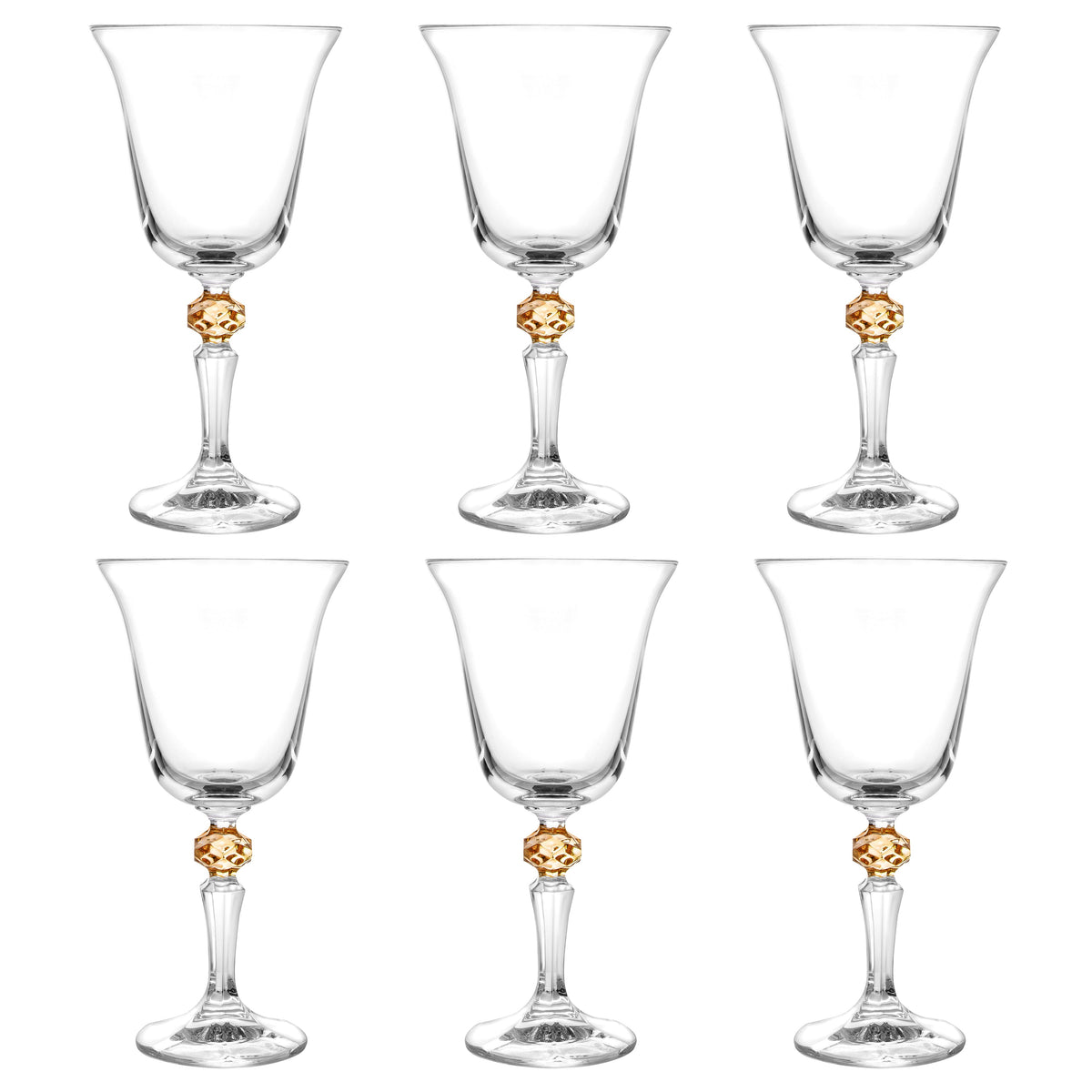 Set of 6 Glasses, with  Colored Diamond on Stem