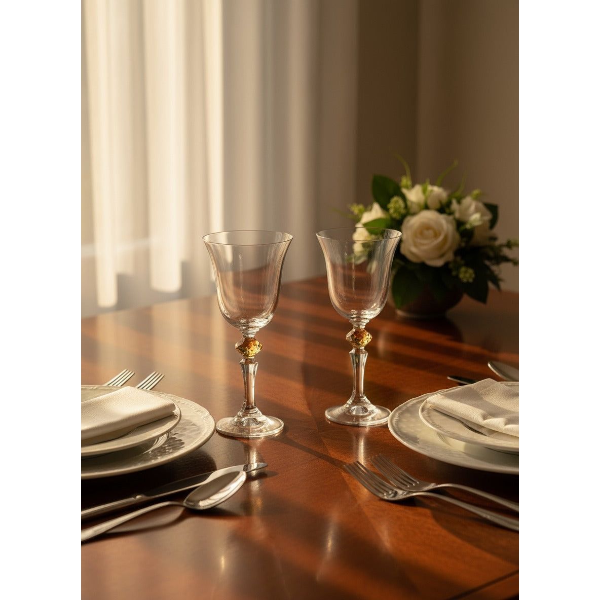Set of 6 Glasses, with  Colored Diamond on Stem