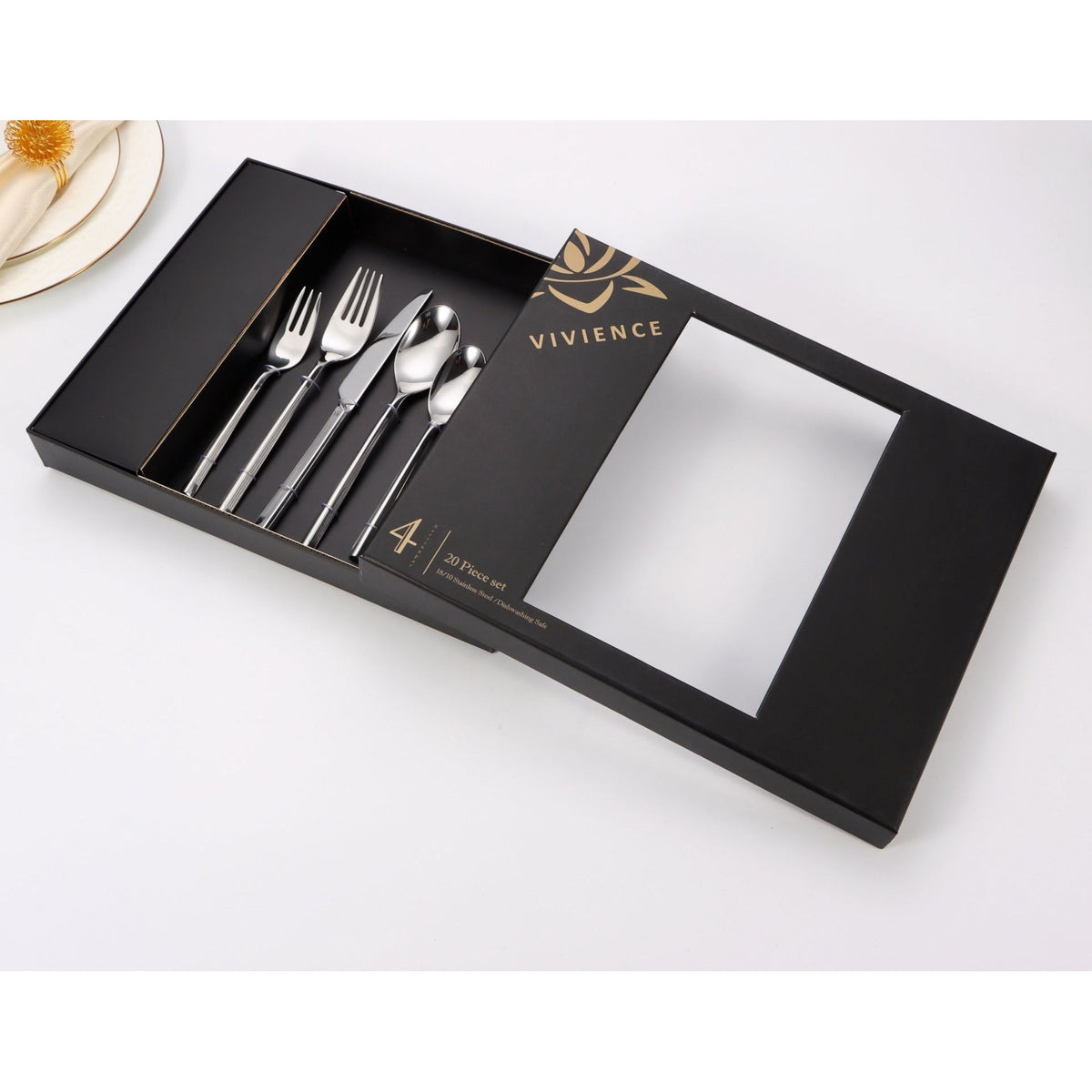 20 pc flatware set - Silver - Modern Tri-Angled Handle, Textured