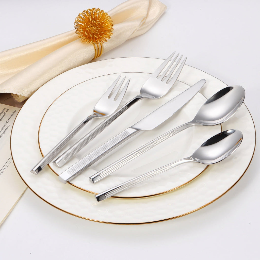 20 pc flatware set - Silver - Modern Tri-Angled Handle, Textured