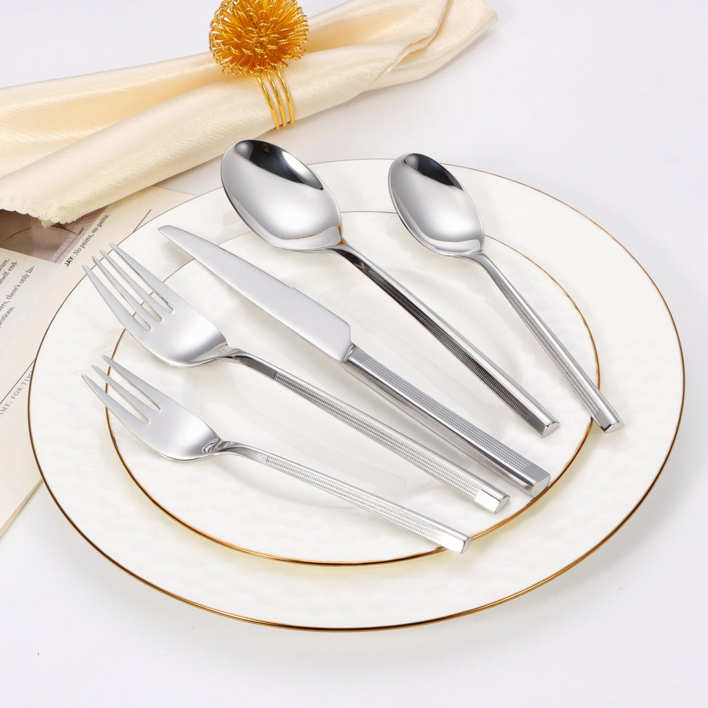 20 pc flatware set - Silver - Modern Tri-Angled Handle, Textured
