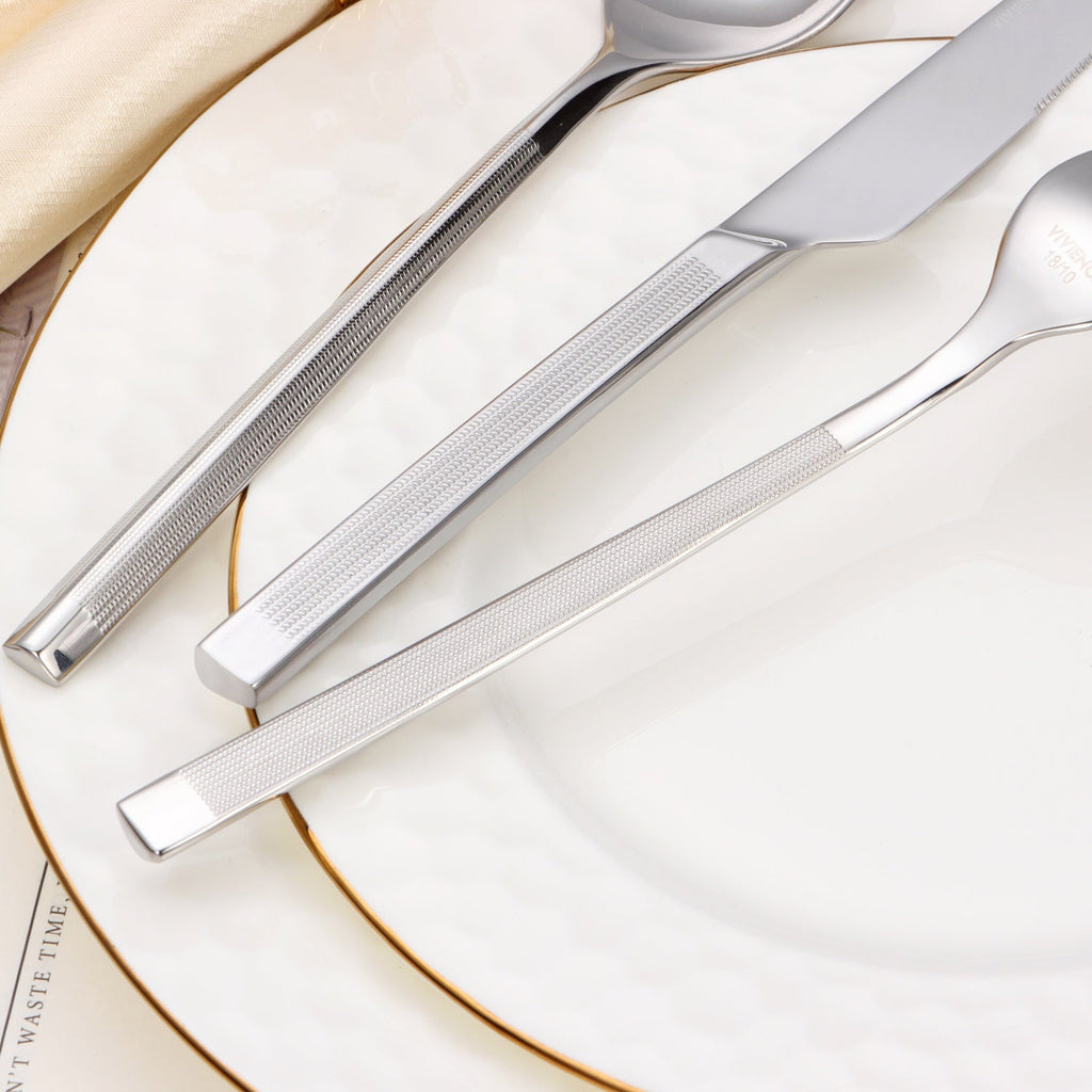 20 pc flatware set - Silver - Modern Tri-Angled Handle, Textured