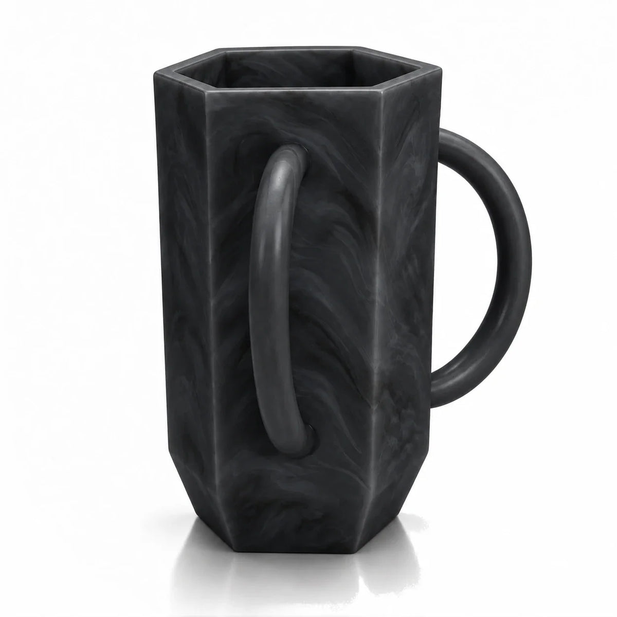 Black marbled resin hexagon washing cup, six-sided netilat yadayim cup with a rounded handle